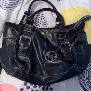 Michael Kors black leather buckle strap shoulder bag